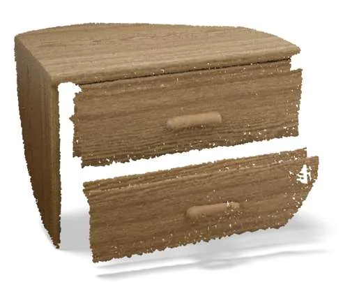 The nightstand as a dense colored point cloud, reconstructed from the photographs.