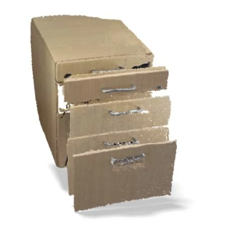The drawer unit as a dense colored point cloud, reconstructed from the photographs.