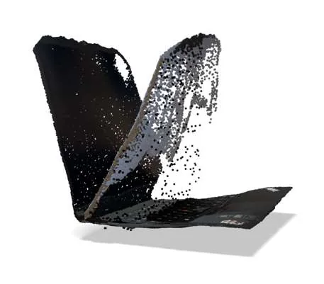 The laptop as a dense colored point cloud, reconstructed from the photographs.